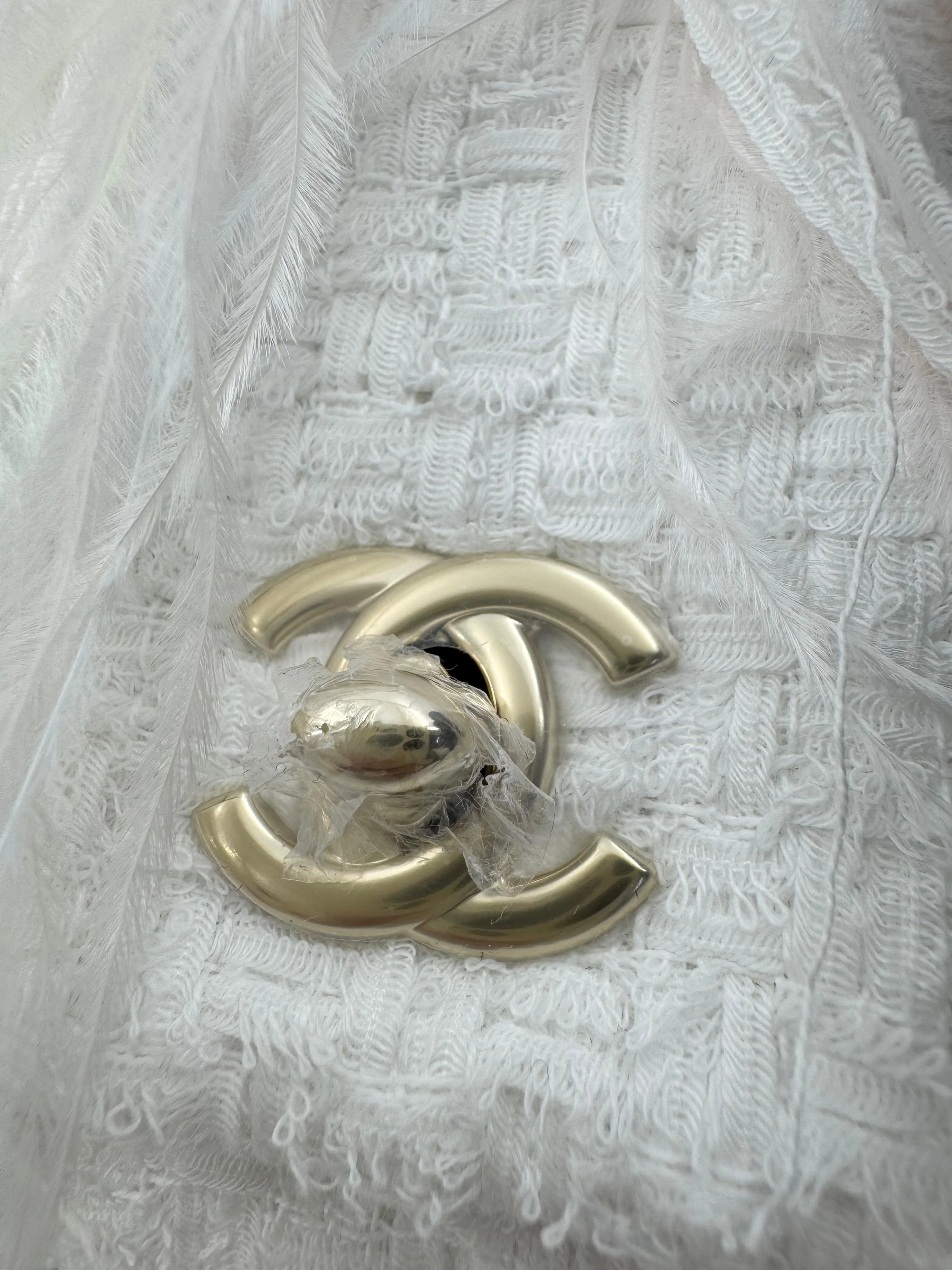 Chanel 25S Embroidered Tweed, Feathers, Imitation Pearls & Gold-Tone Metal Clutch in White - Image 7
