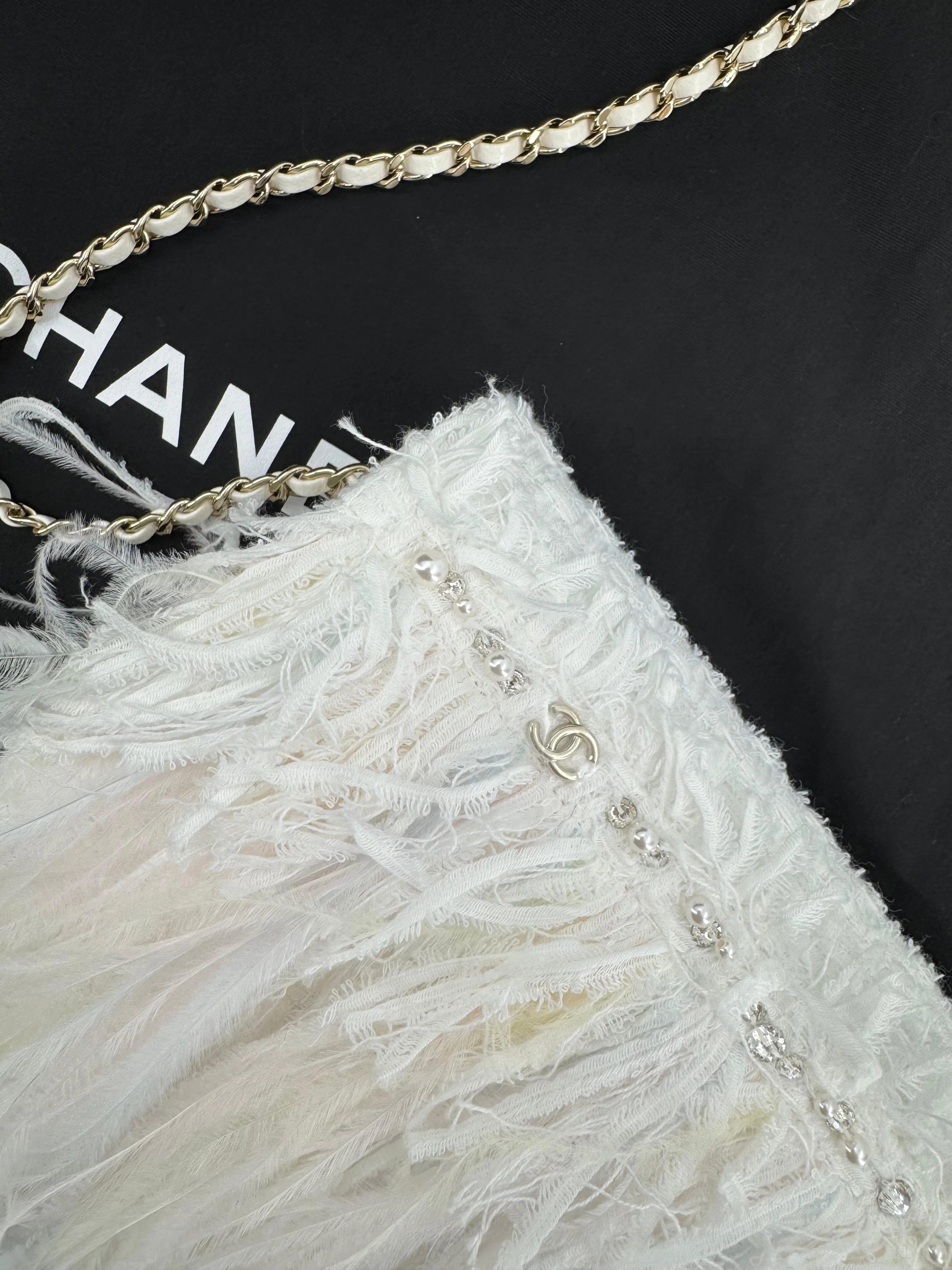 Chanel 25S Embroidered Tweed, Feathers, Imitation Pearls & Gold-Tone Metal Clutch in White - Image 8