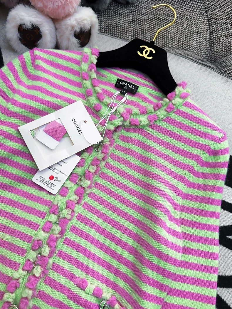 Chanel 25s pink and green striped cardigan - Image 2
