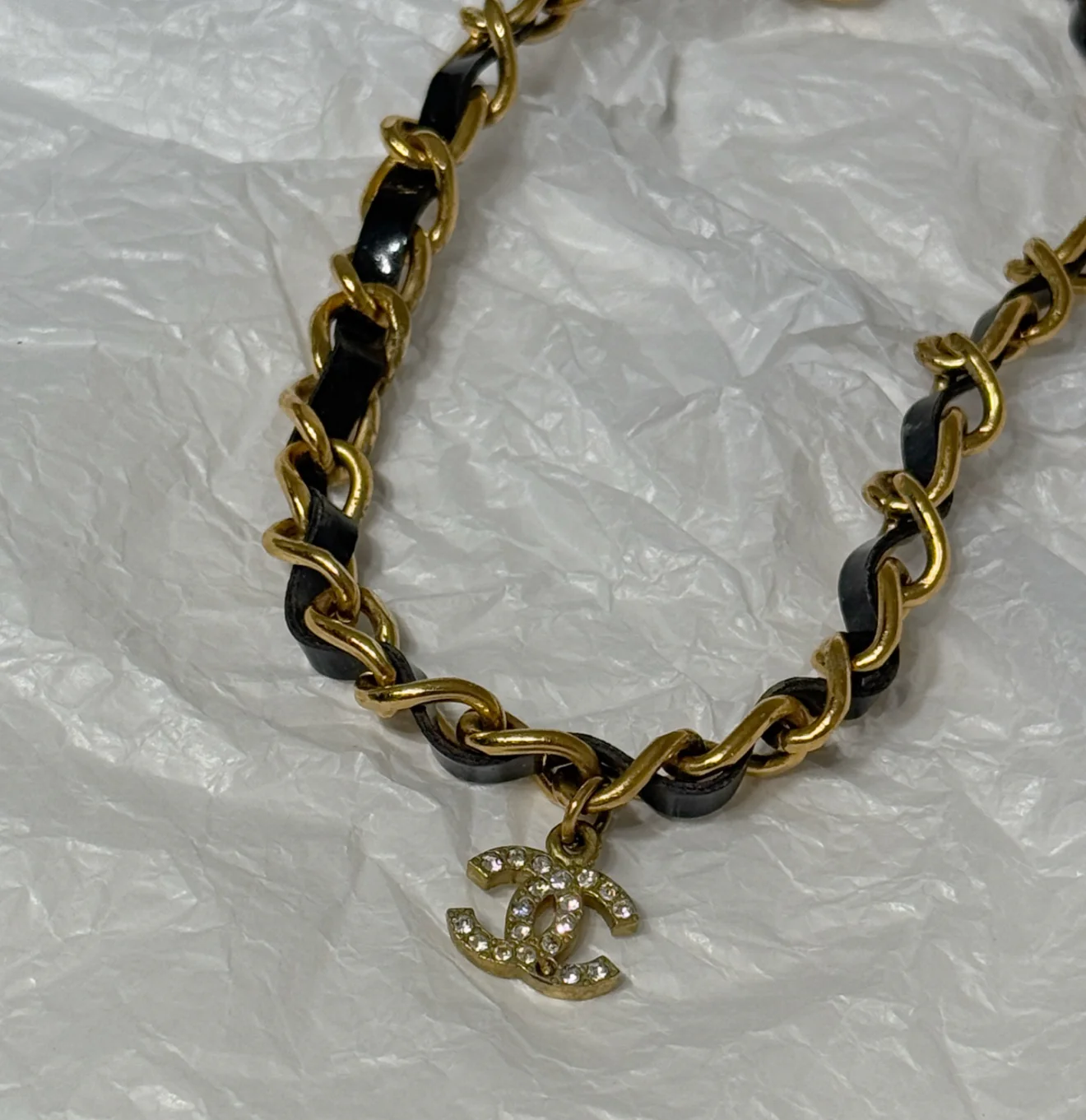Chanel 95A Leather Chain Double C Diamond Necklace - Image 4