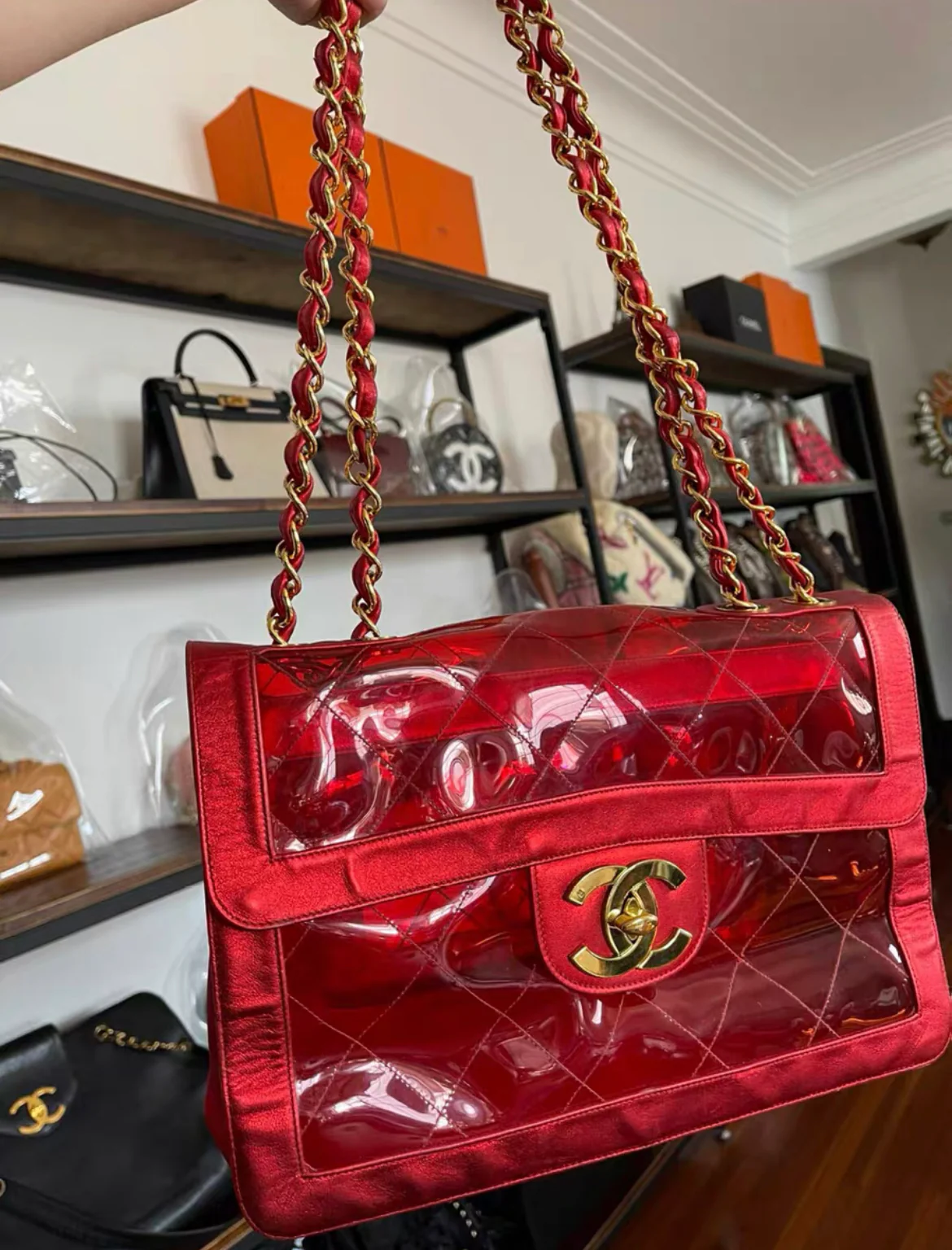 CHANEL 1995 Spring summer "BARBIE" MAXI FLAP METALLIC RED BAG 24K GHW CLASSIC PCI - Image 2