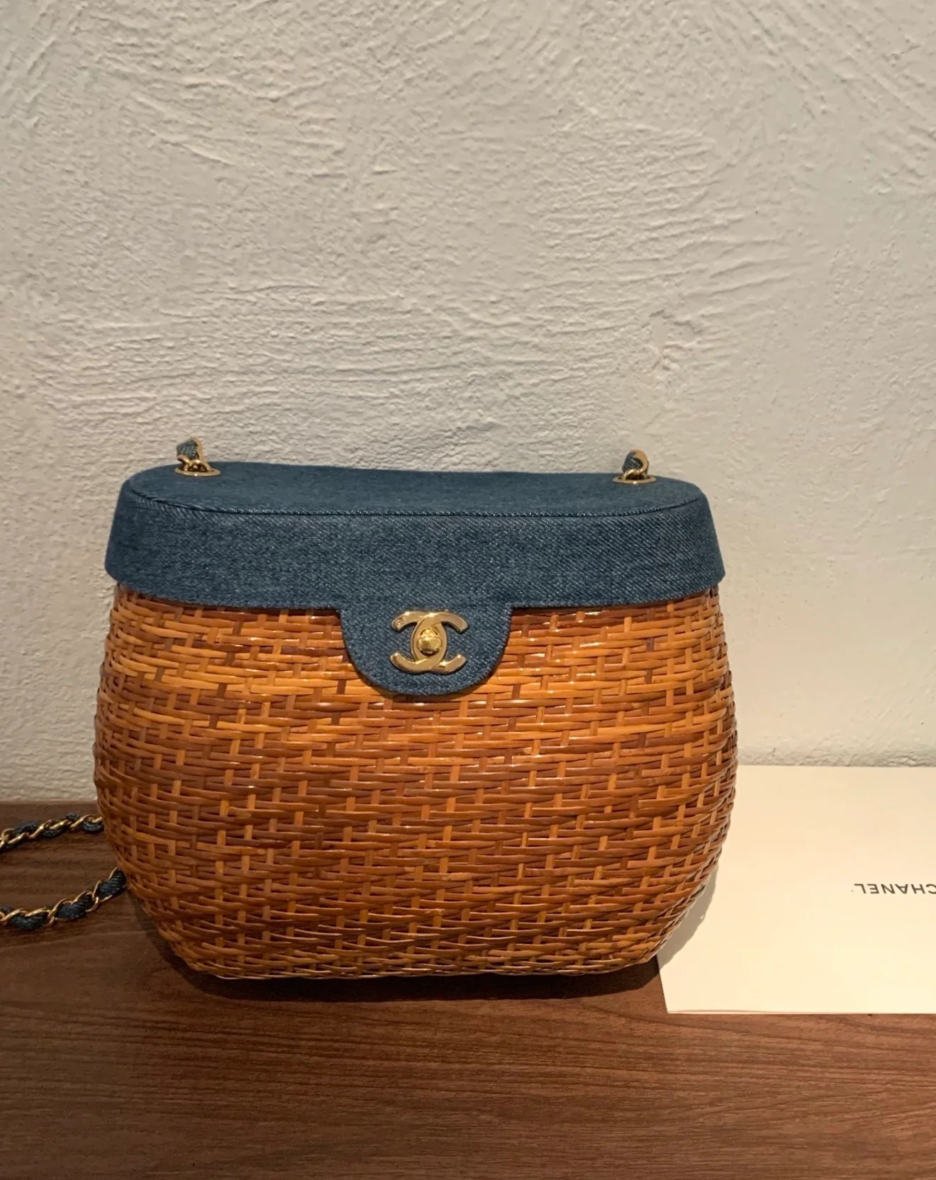Chanel 98P wicker/denim chain basket bag