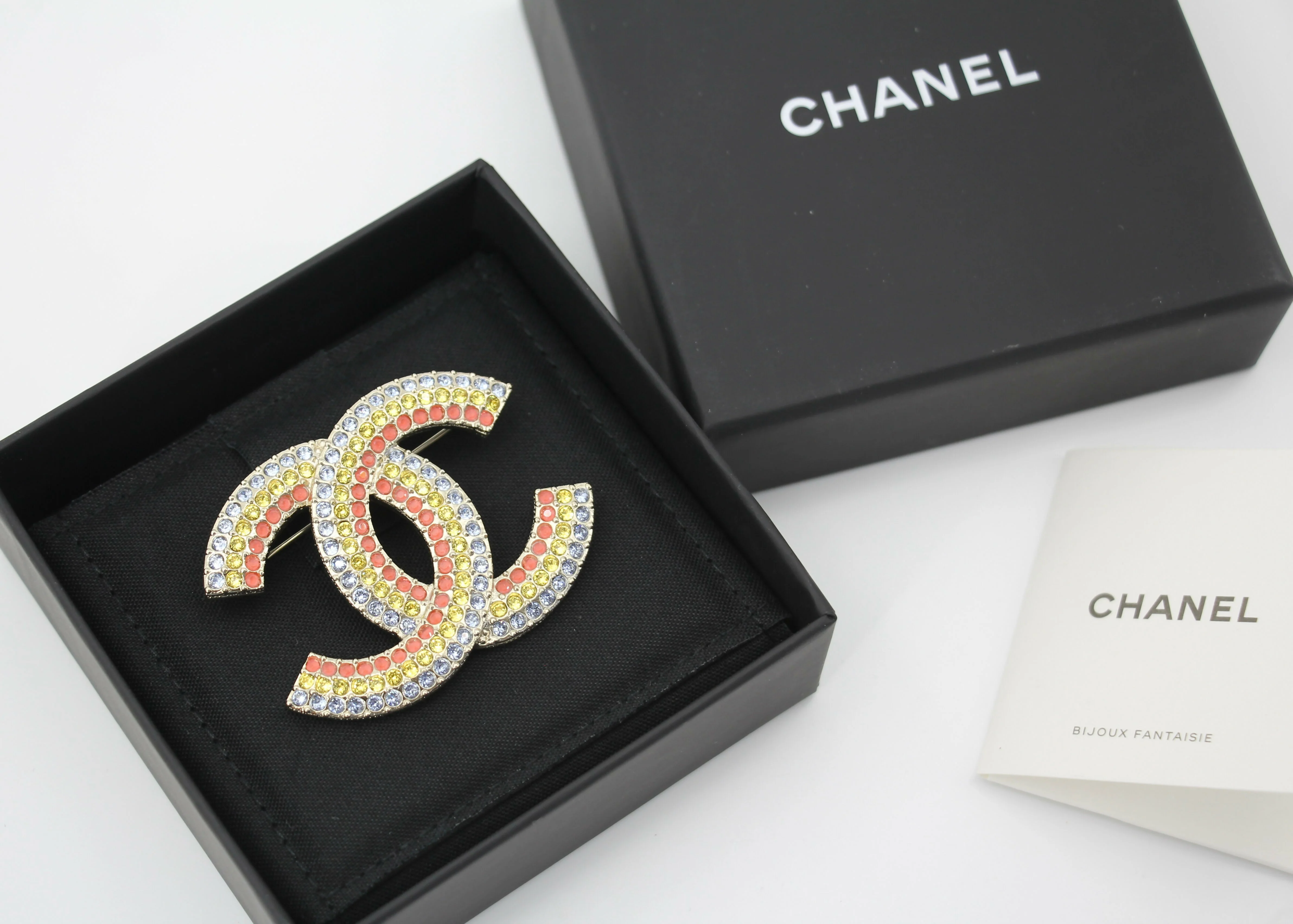 Chanel A23C Rhinestone Rainbow-Tone CC Brooch