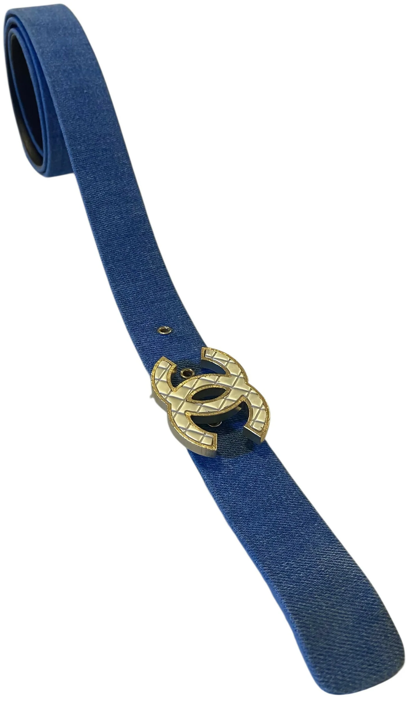 Chanel Airlines 16P Blue Denim CC Matte Silver & Gold Buckle Belt 90/36 - Image 2