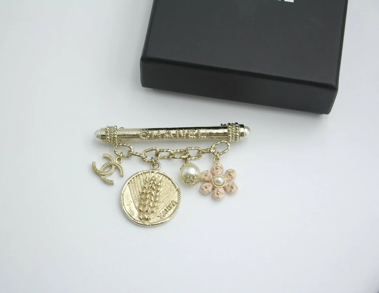 Chanel B18C Metal Wheat Ear Coin Flower Chain Brooch