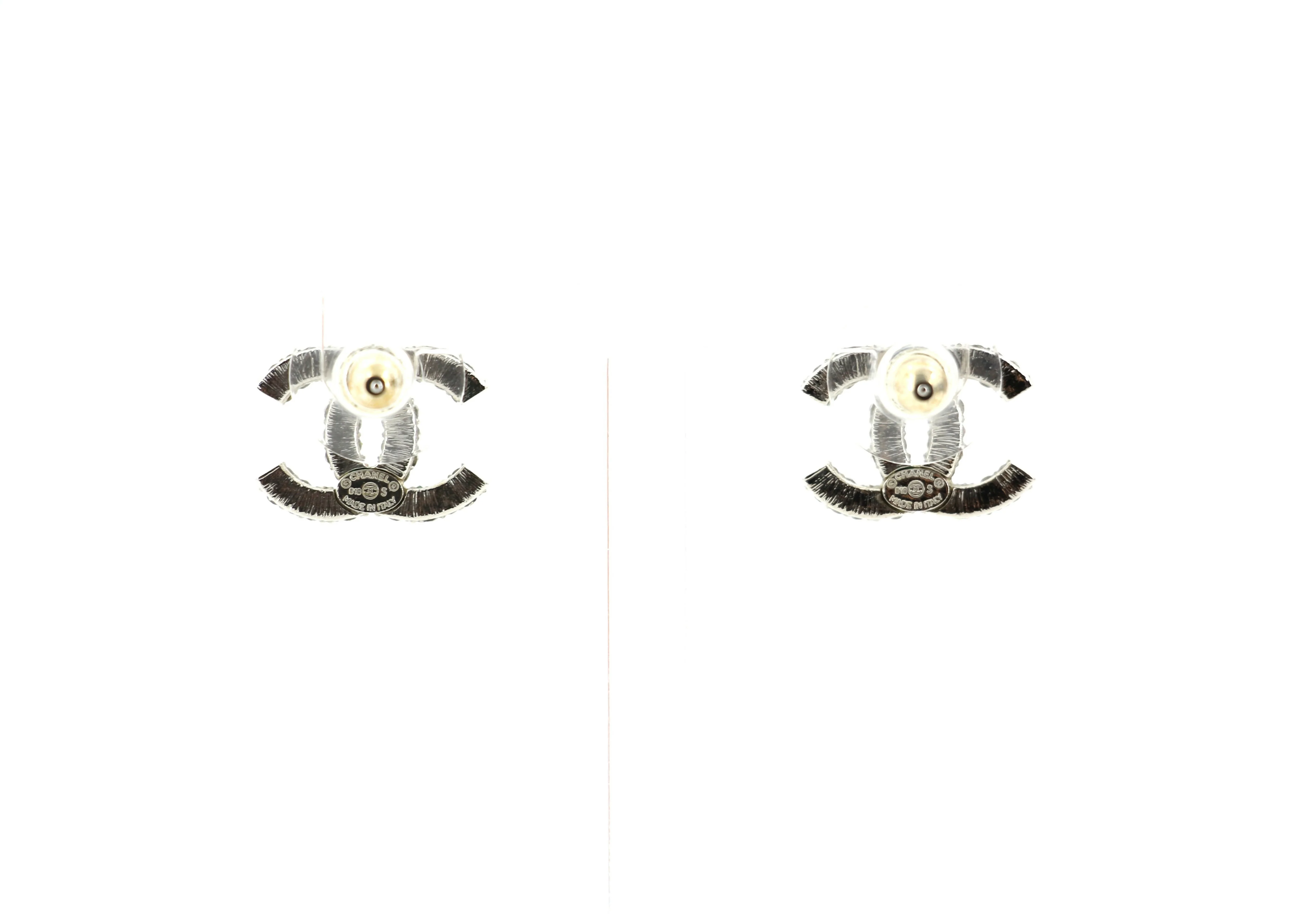 Chanel B18S Rhinestone Classic Silver CC Stud Earrings - Image 2