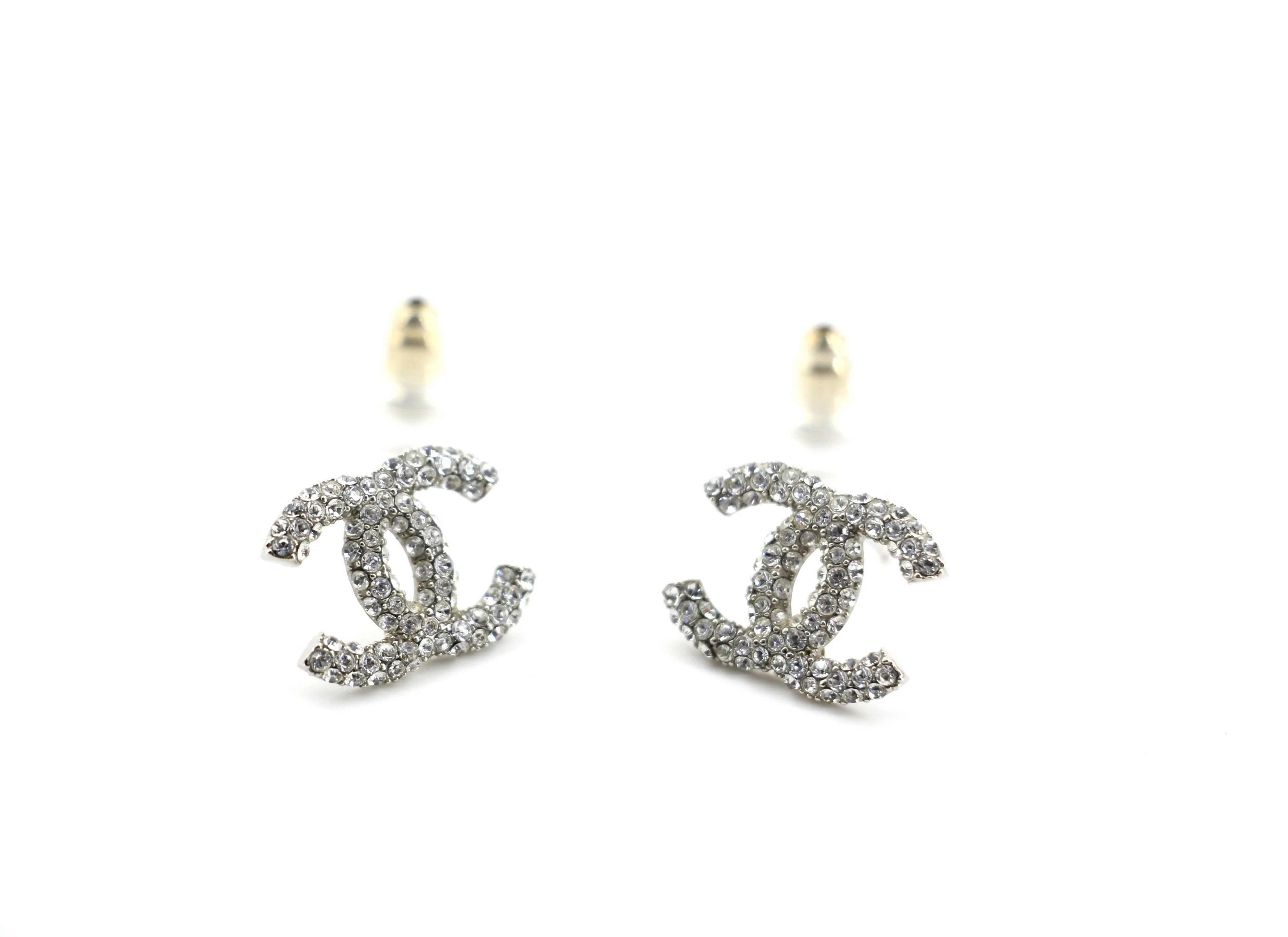 Chanel B18S Rhinestone Classic Silver CC Stud Earrings - Image 3