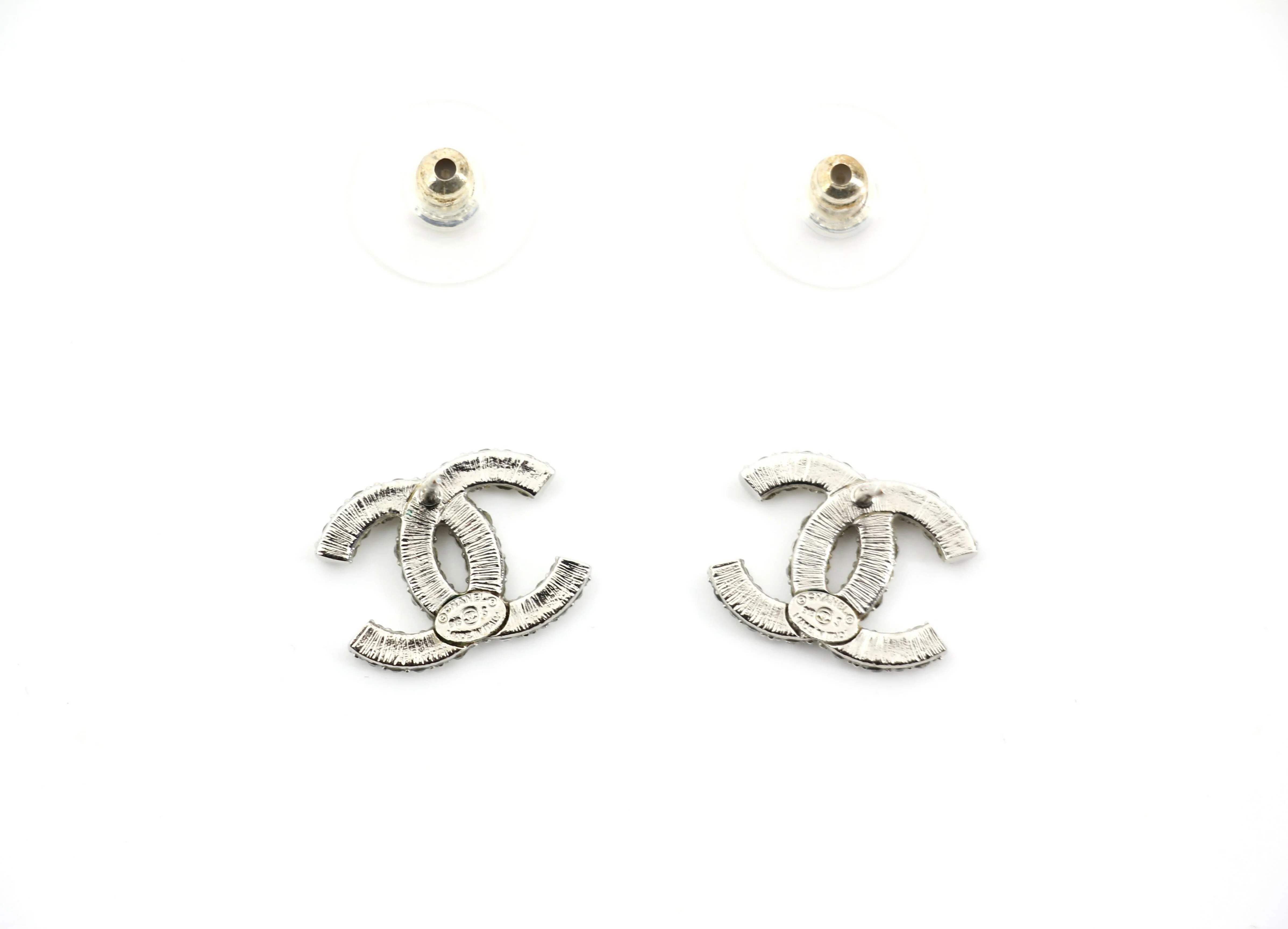 Chanel B18S Rhinestone Classic Silver CC Stud Earrings - Image 7