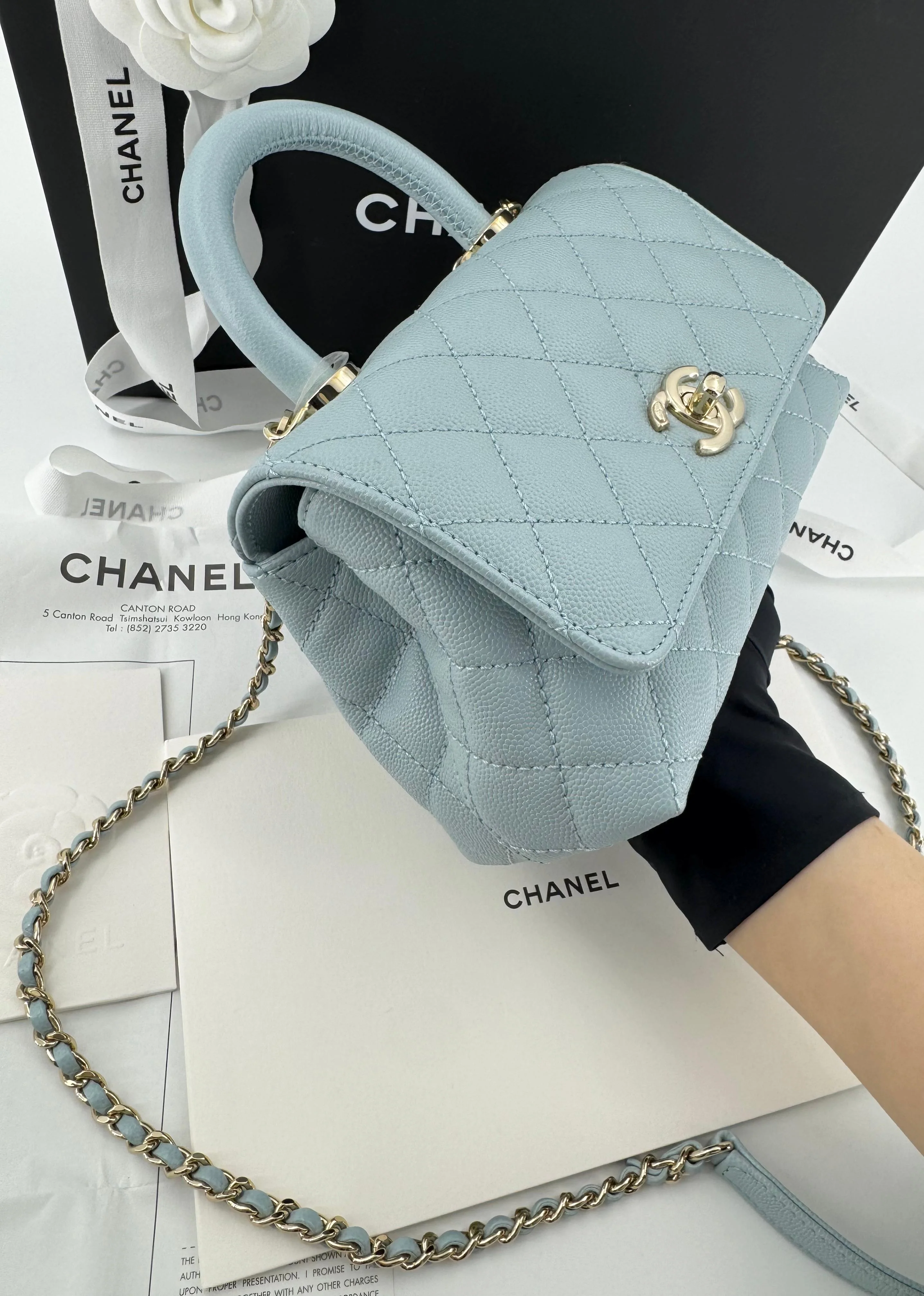 Chanel baby blue grained leather mini coco handle with light gold hardware - Image 10