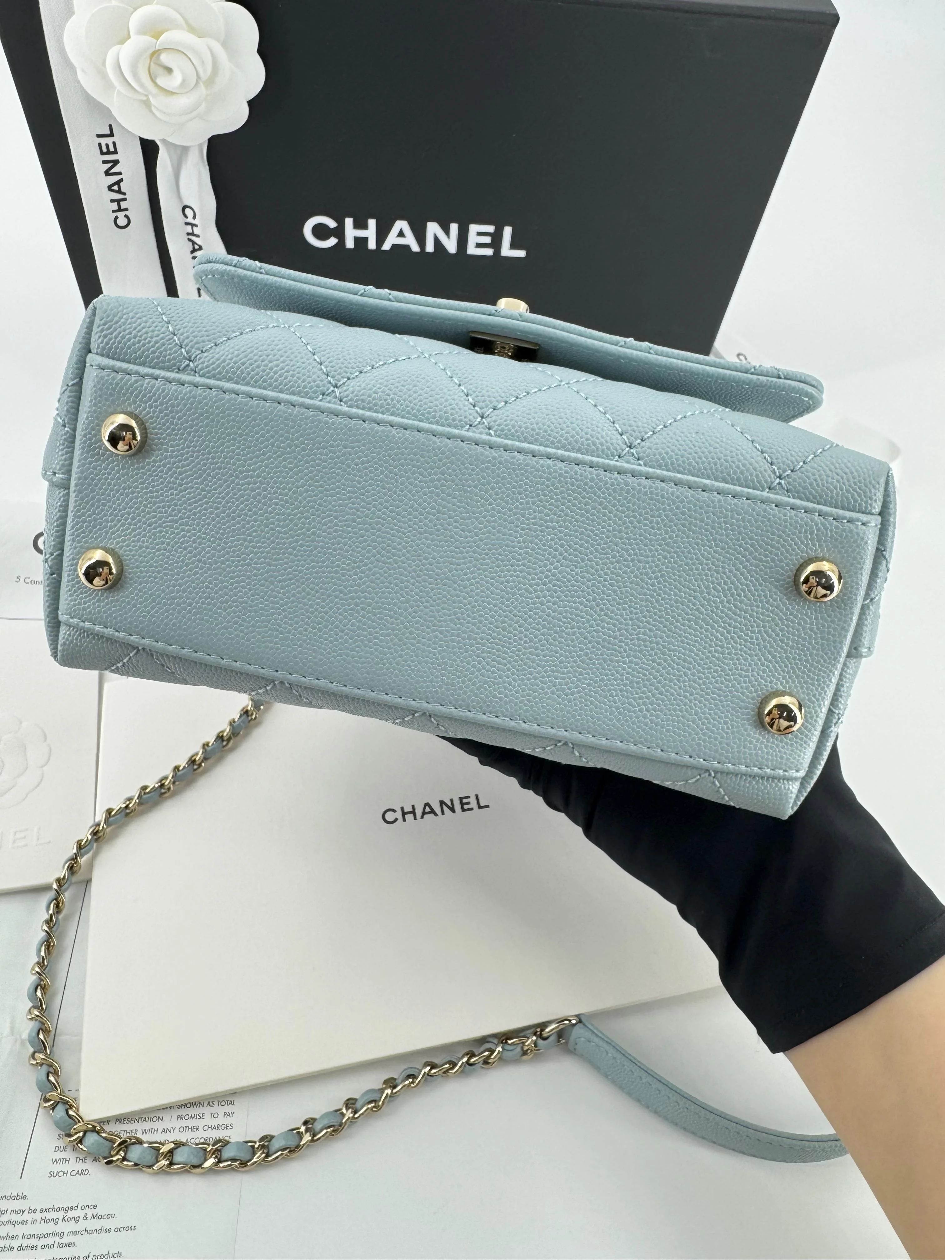 Chanel baby blue grained leather mini coco handle with light gold hardware - Image 11