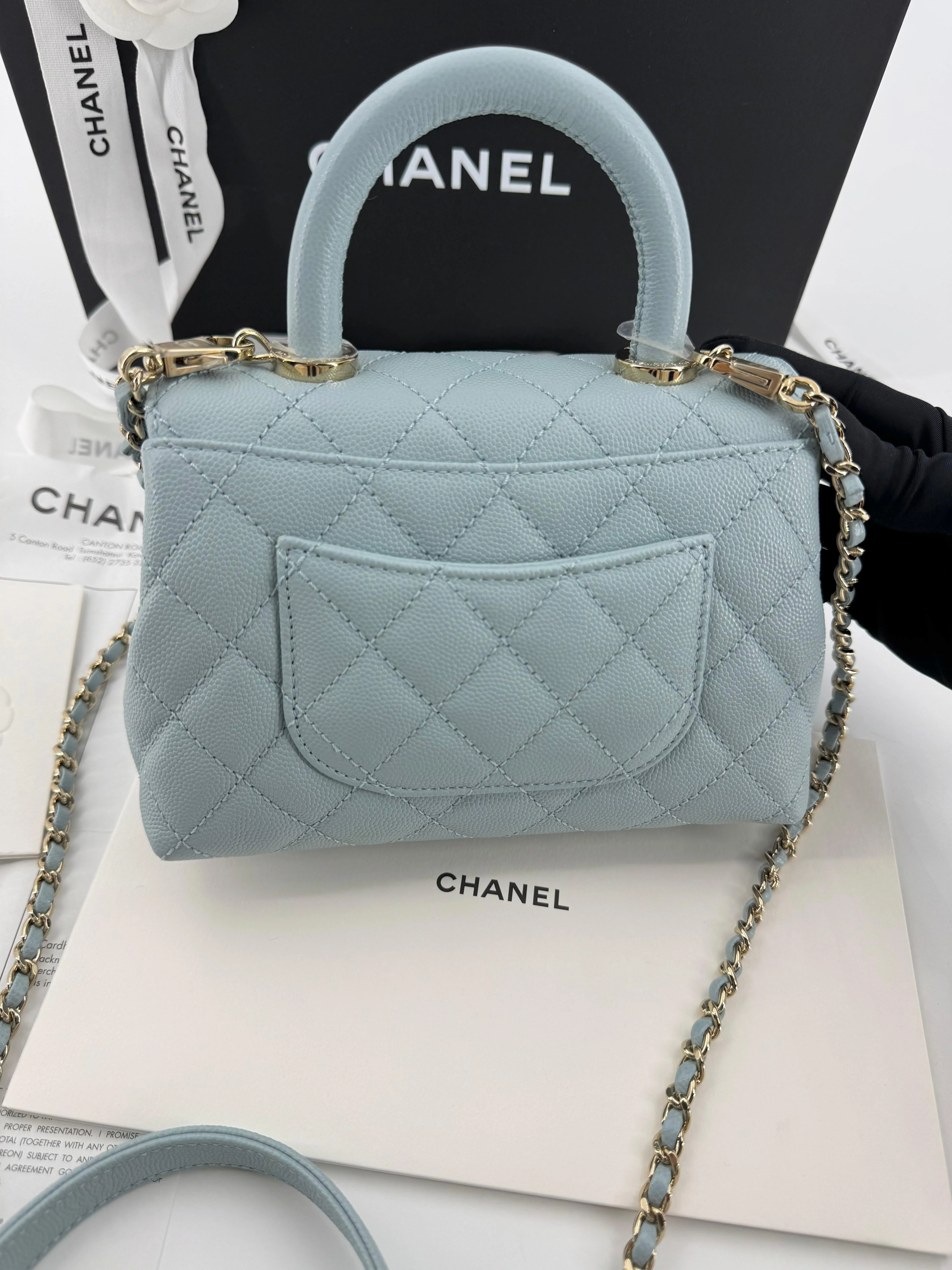 Chanel baby blue grained leather mini coco handle with light gold hardware - Image 12