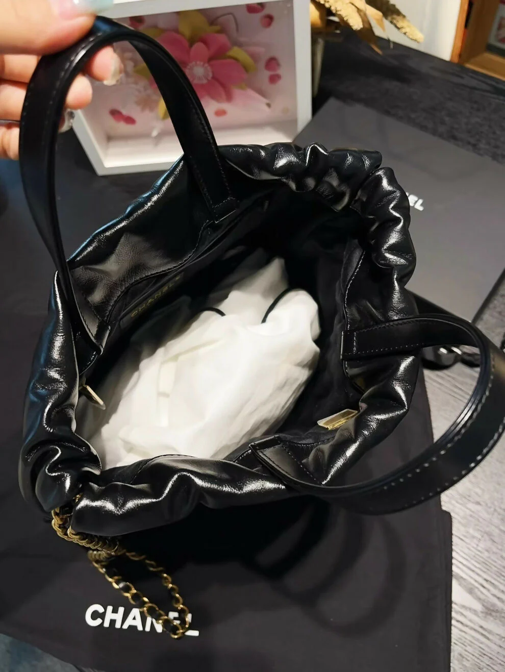Chanel 24S black & white leather backpack with gold hardware - Image 2