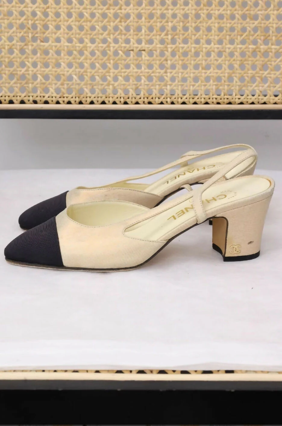 Chanel Beige and Black Sling Back Sandals - Image 2