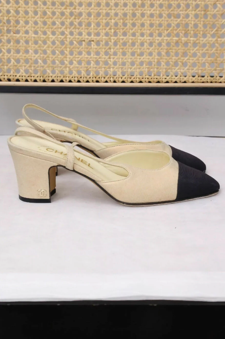 Chanel Beige and Black Sling Back Sandals - Image 3
