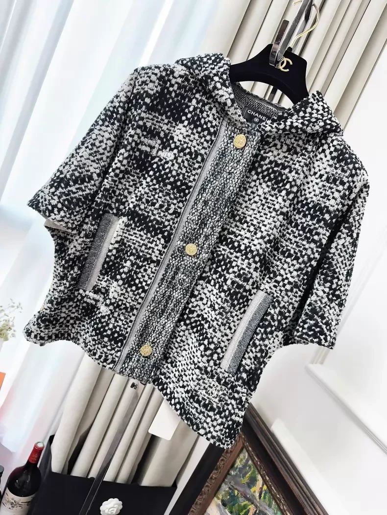 Chanel black and white check knit hooded jacket with gold buttons