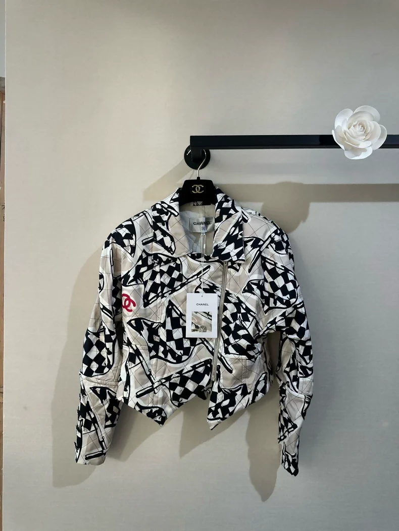 Chanel 23P black and white checkered silk jacket