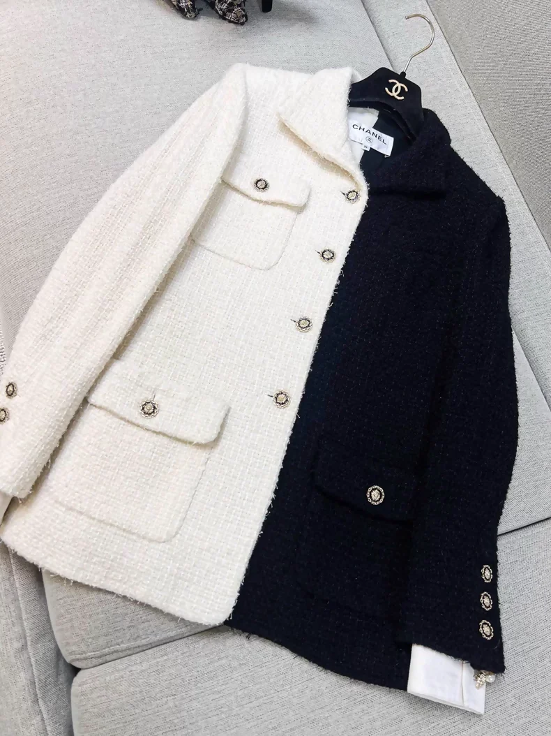 Chanel 20A black and white color-blocked woven collar jacket