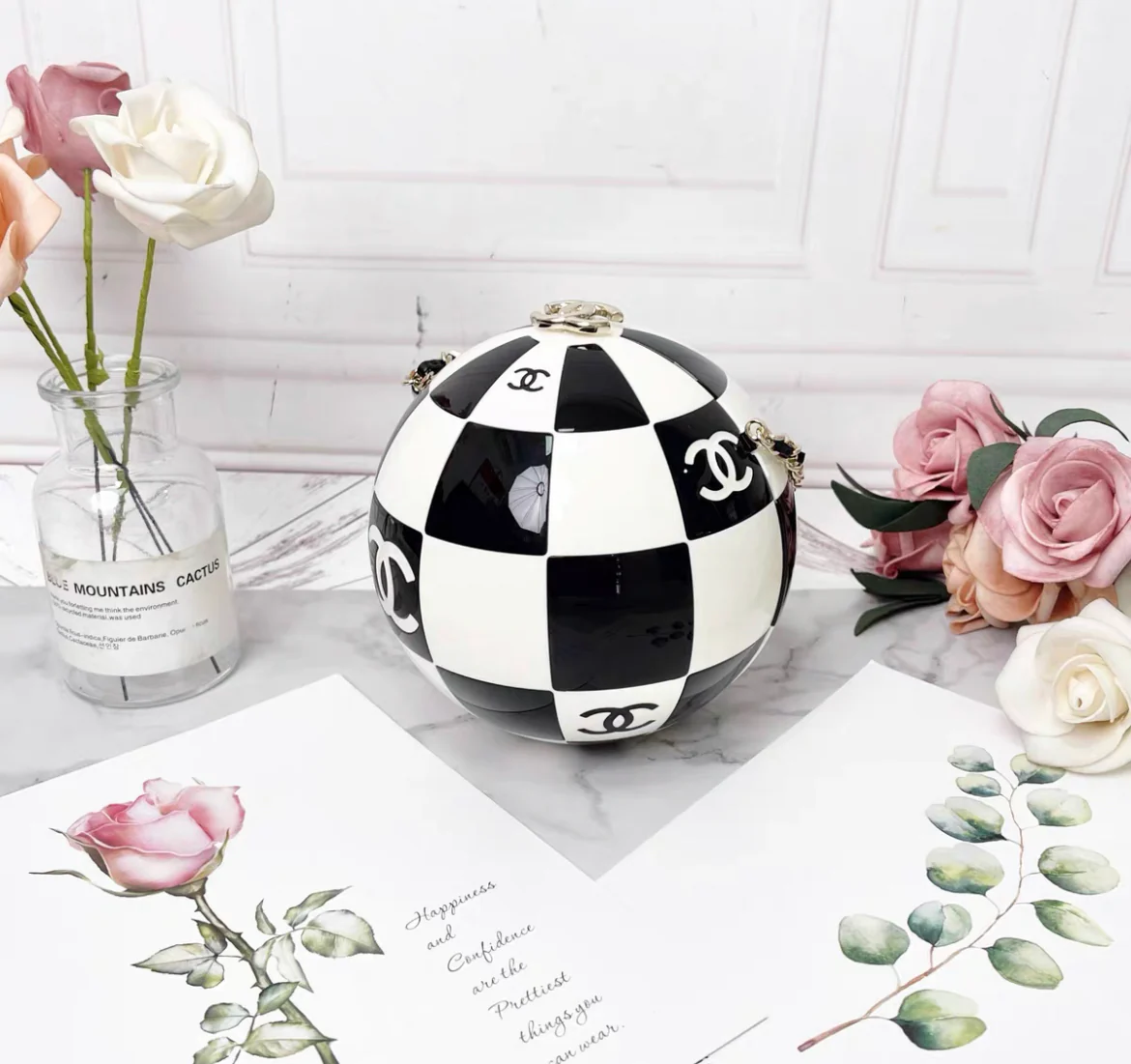 Chanel Black and White Resin and Enamel Checker Sphere Minaudiere Pale Gold Hardware, 2023 - Image 3