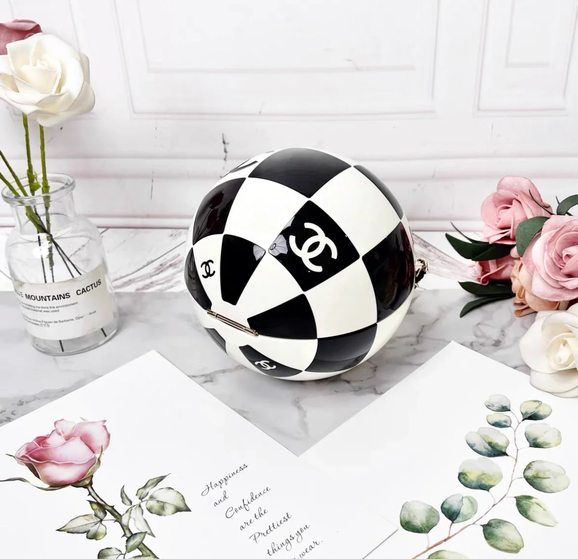 Chanel Black and White Resin and Enamel Checker Sphere Minaudiere Pale Gold Hardware, 2023 - Image 4