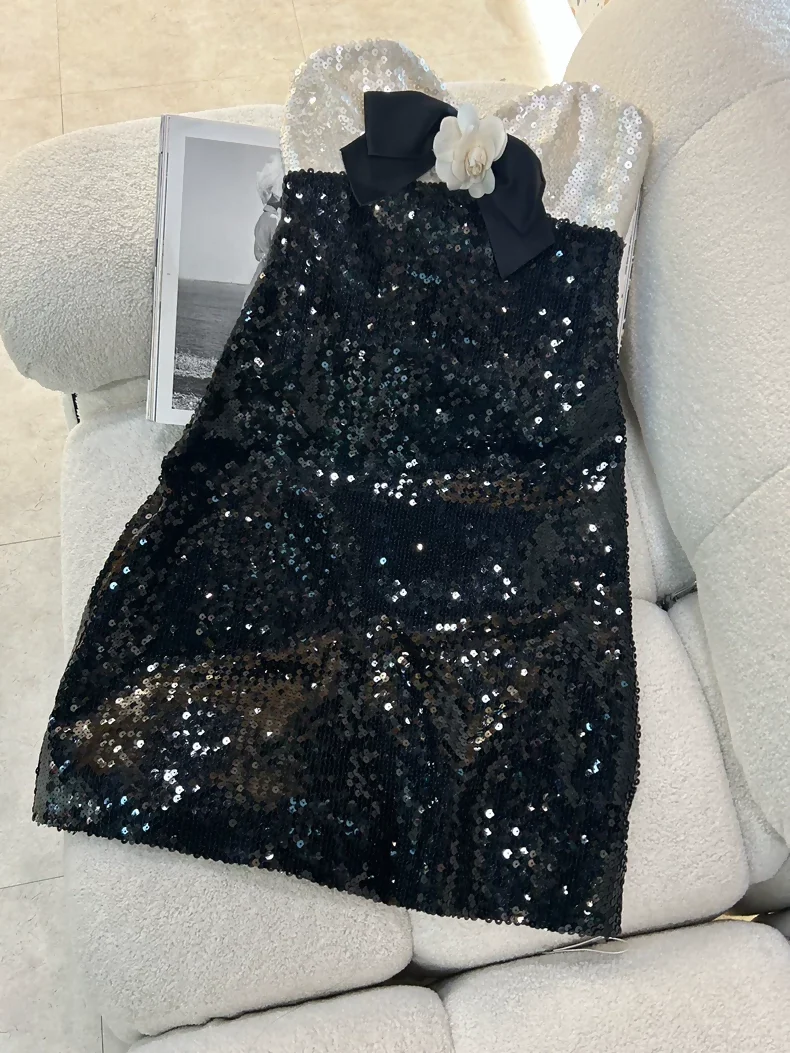 rare vintage Chanel Black and White Sequined Bow Strapless Dress