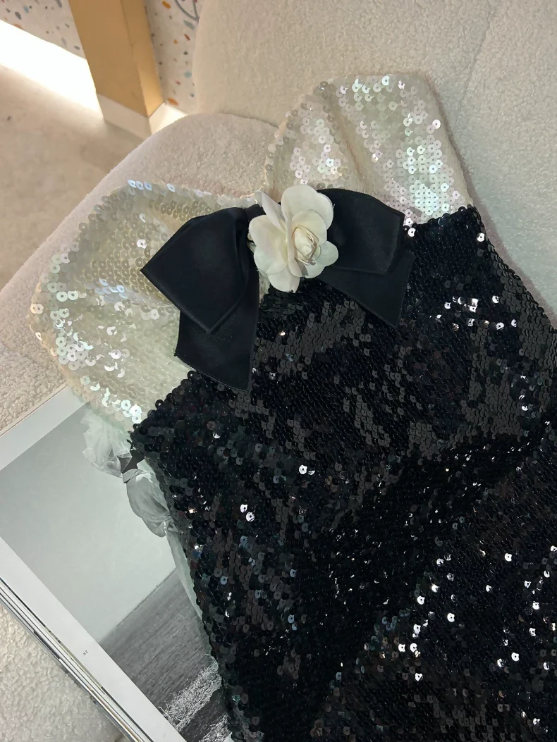 rare vintage Chanel Black and White Sequined Bow Strapless Dress - Image 2
