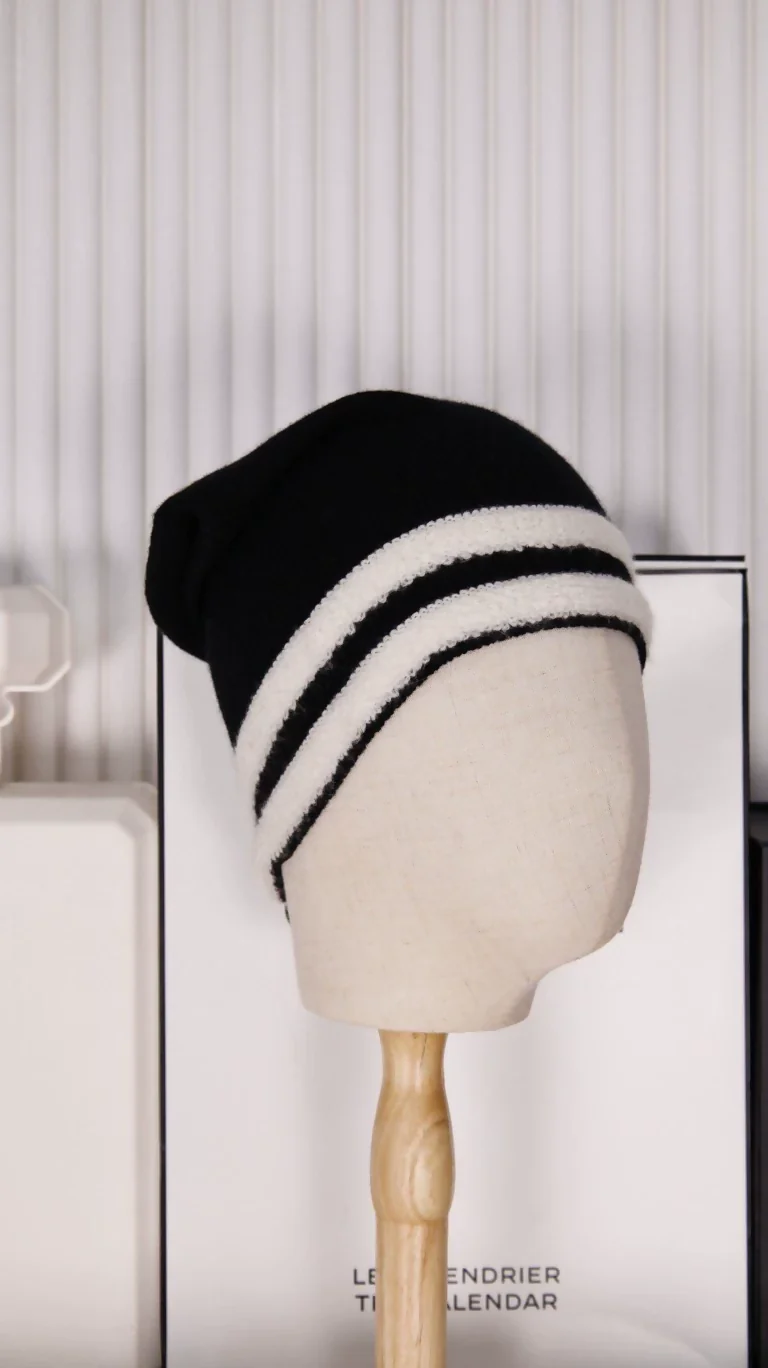 Chanel Black and White Striped CC Cashmere Beanie - Image 2