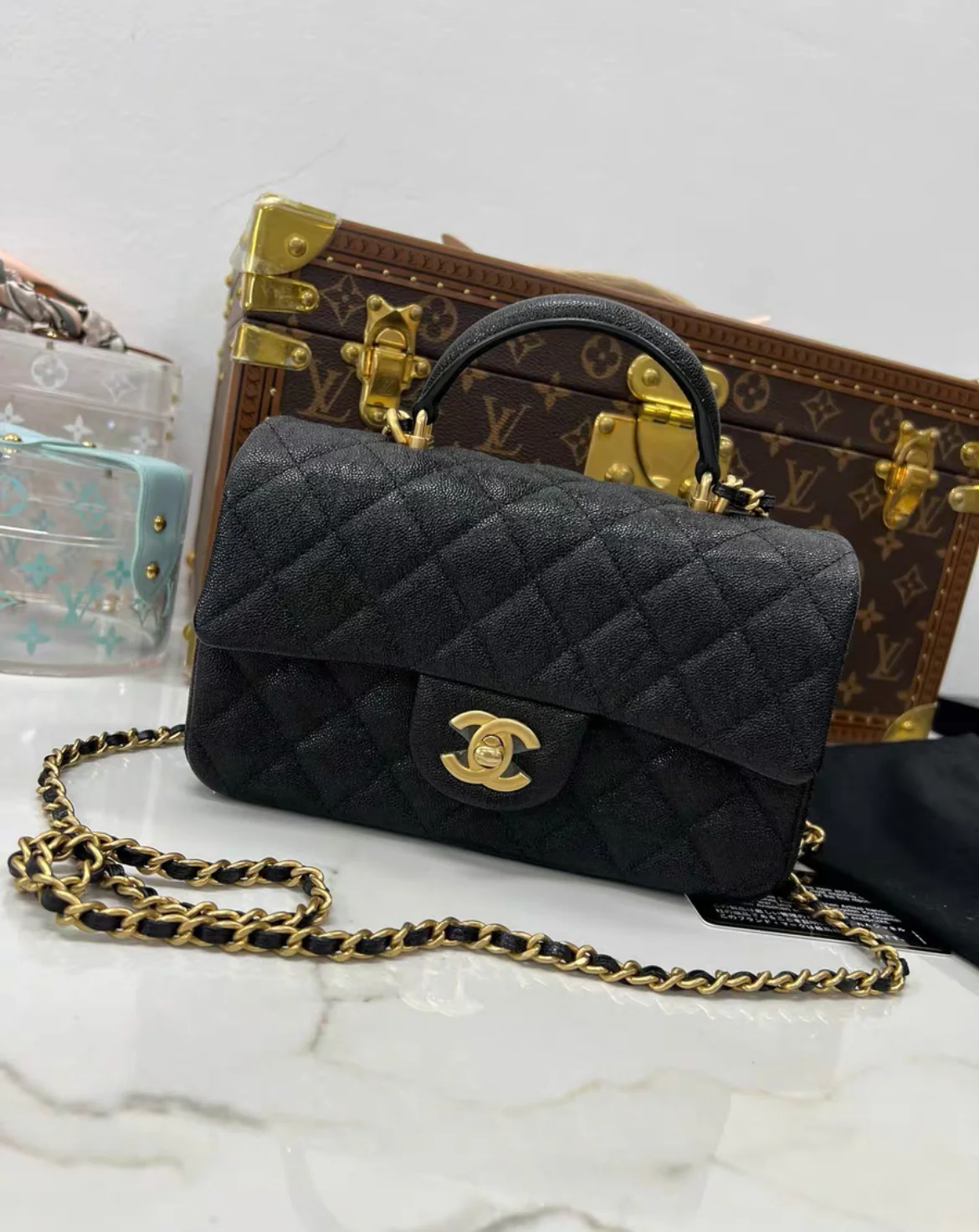 Chanel Black Caviar Quilted Mini Top Handle Rectangular Flap with Gold Hardware - Image 3