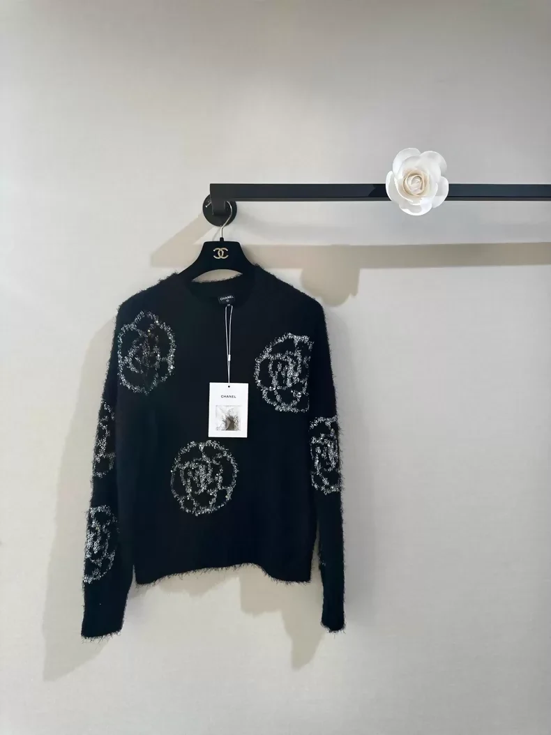 Chanel 23k Black Glitter Camellia Sequined Knit Sweater,