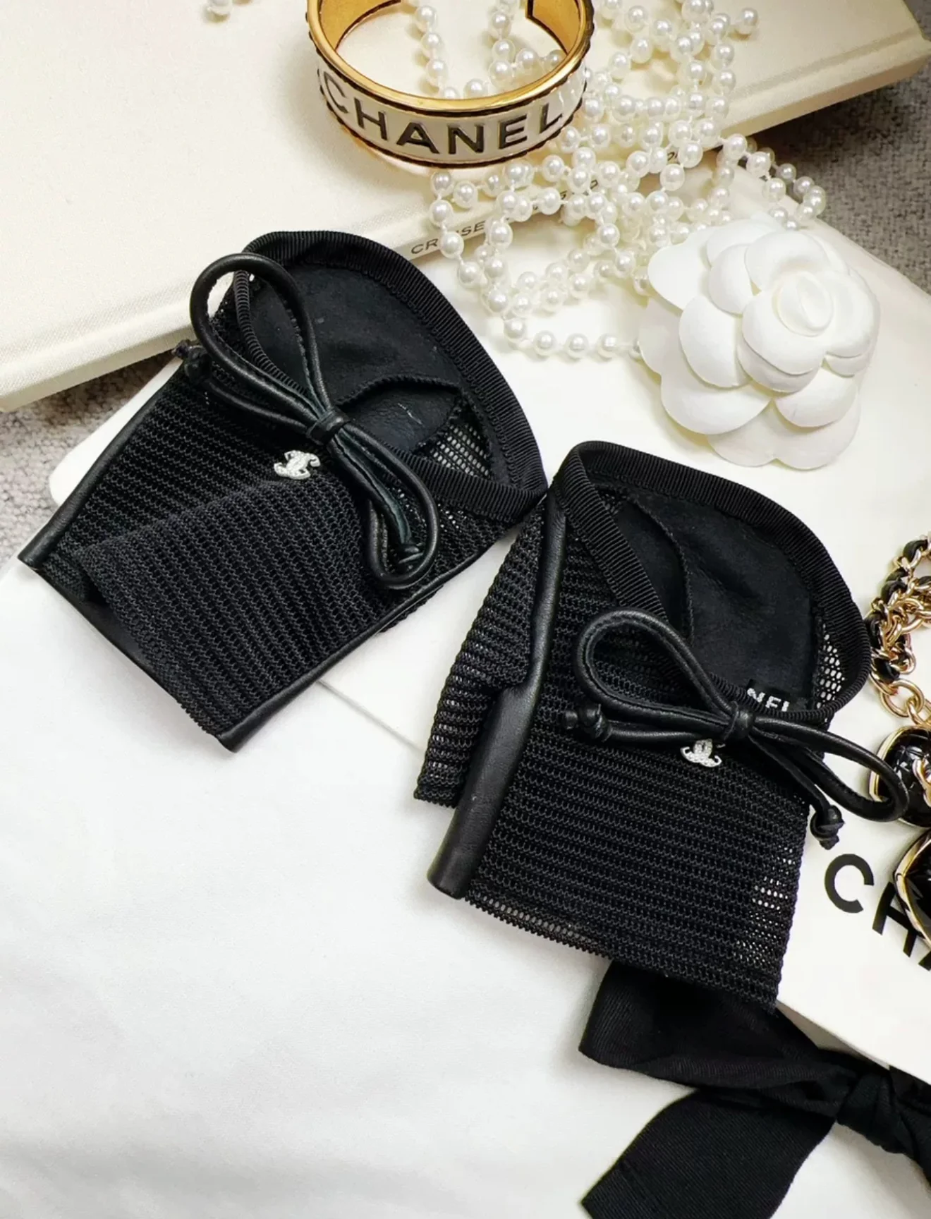 Chanel black mesh leather bow gloves
