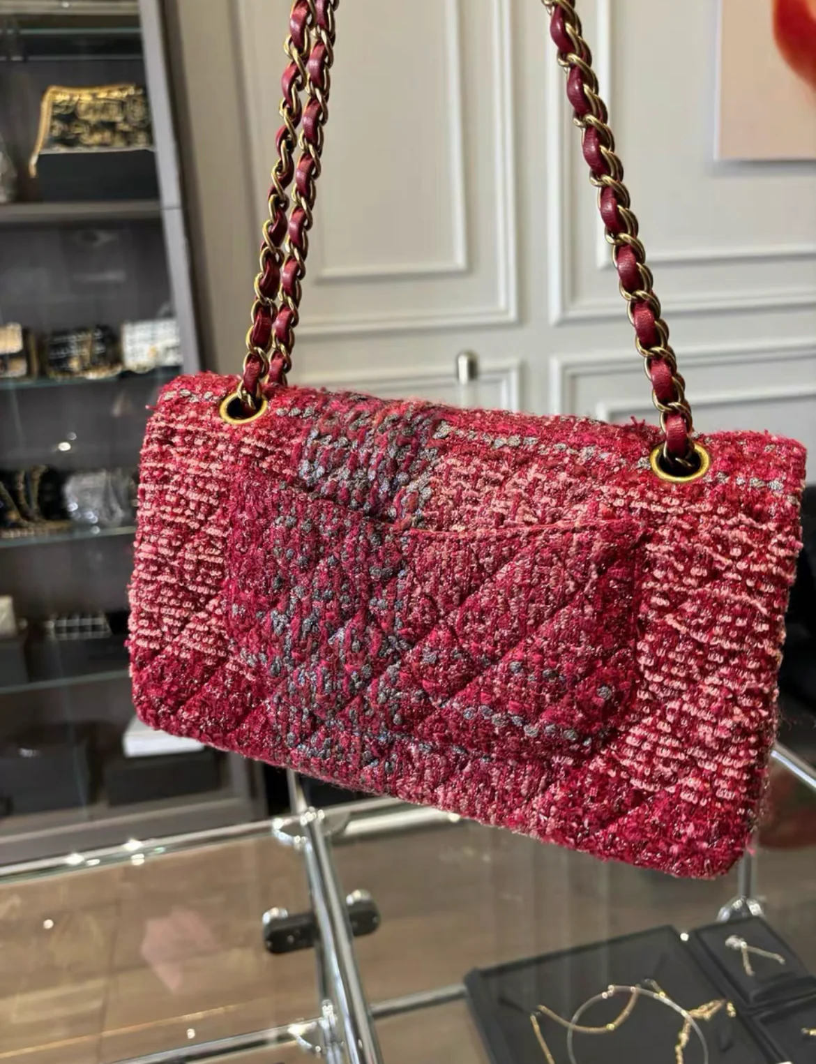 Chanel Burgundy Red and Multicolor Tweed Medium Classic Flap Bag Gold Hardware, rare model - Image 3