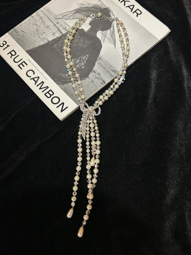 Chanel Bow Rhinestone Pearl Necklace