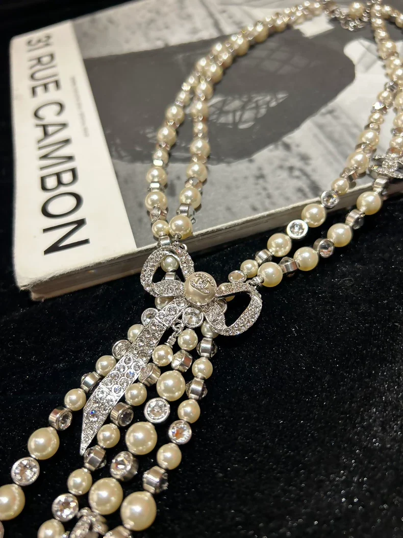 Chanel Bow Rhinestone Pearl Necklace - Image 2