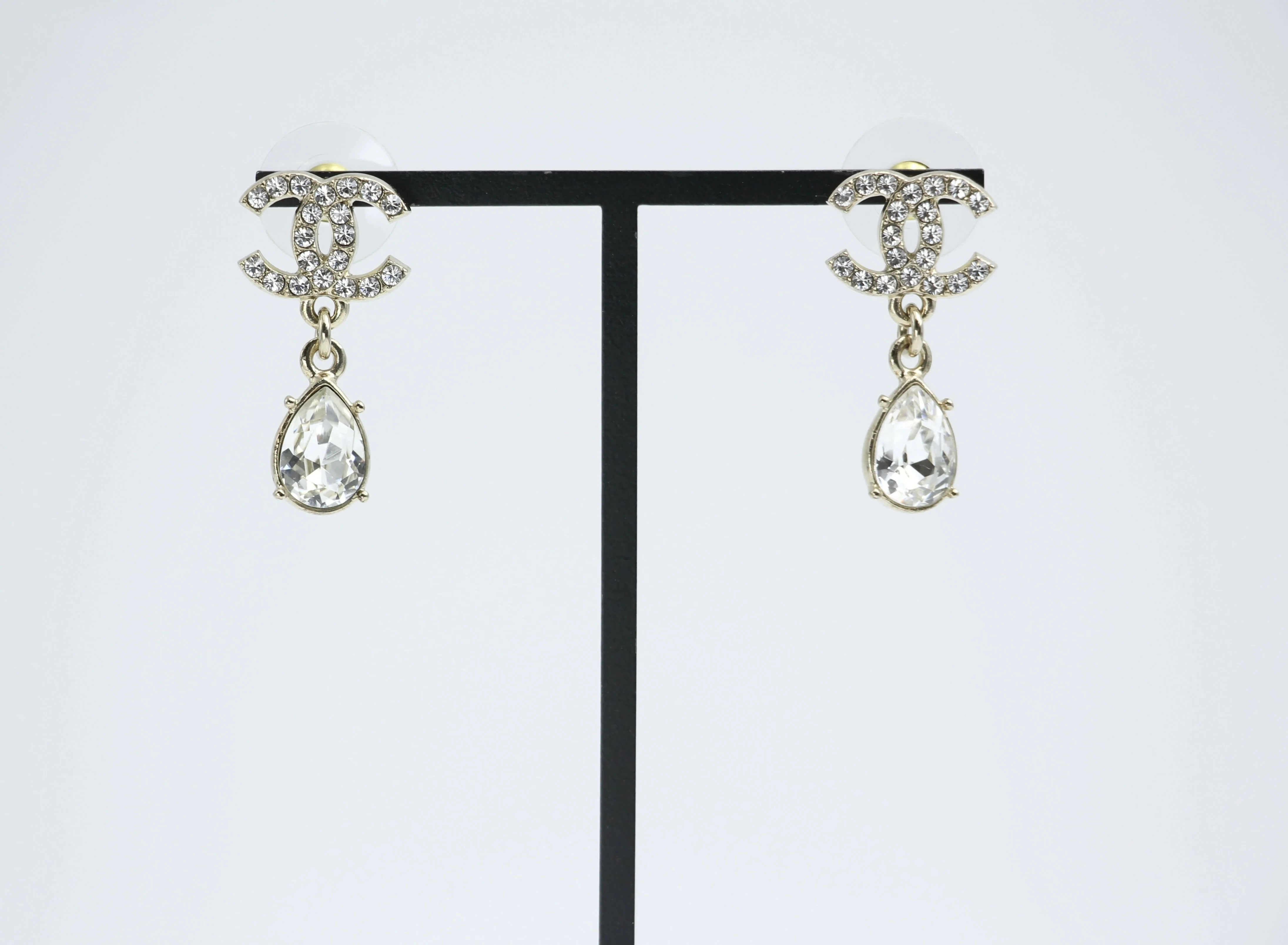Chanel C19A Rhinestone CC Drop Dangle Stud Earrings