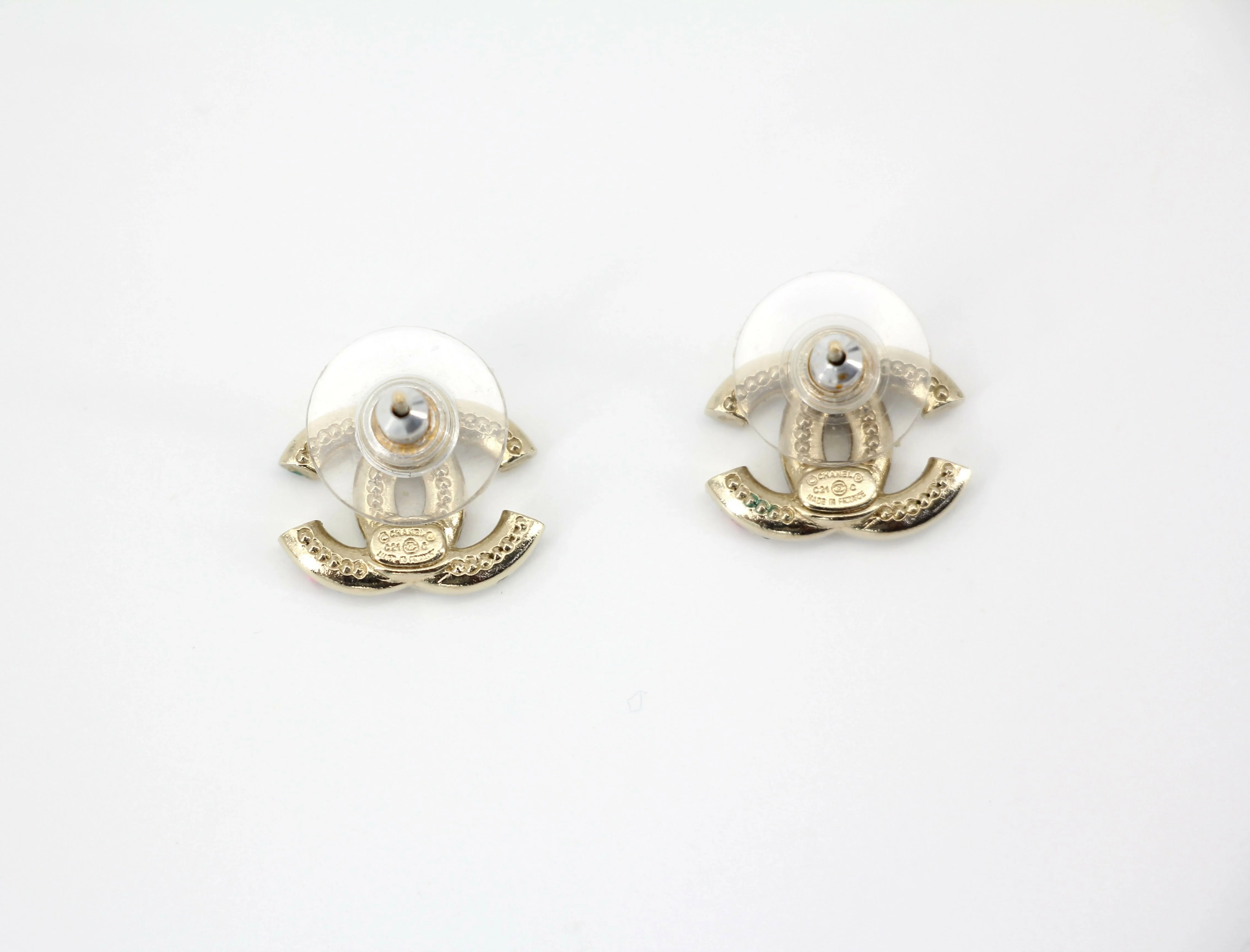 Chanel C21C Rhinestone Metal Multi-color Pebble Stud Earrings - Image 5