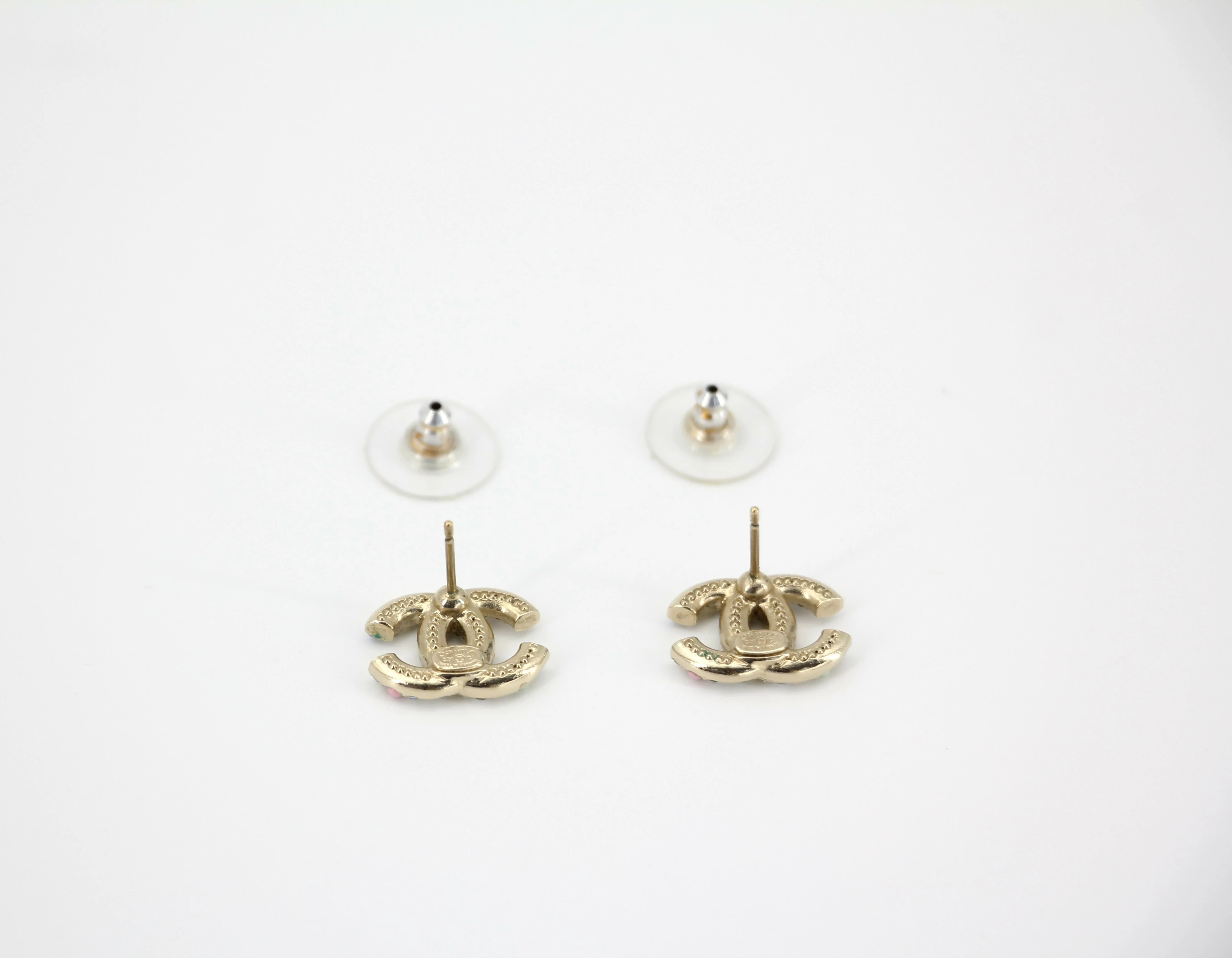 Chanel C21C Rhinestone Metal Multi-color Pebble Stud Earrings - Image 6