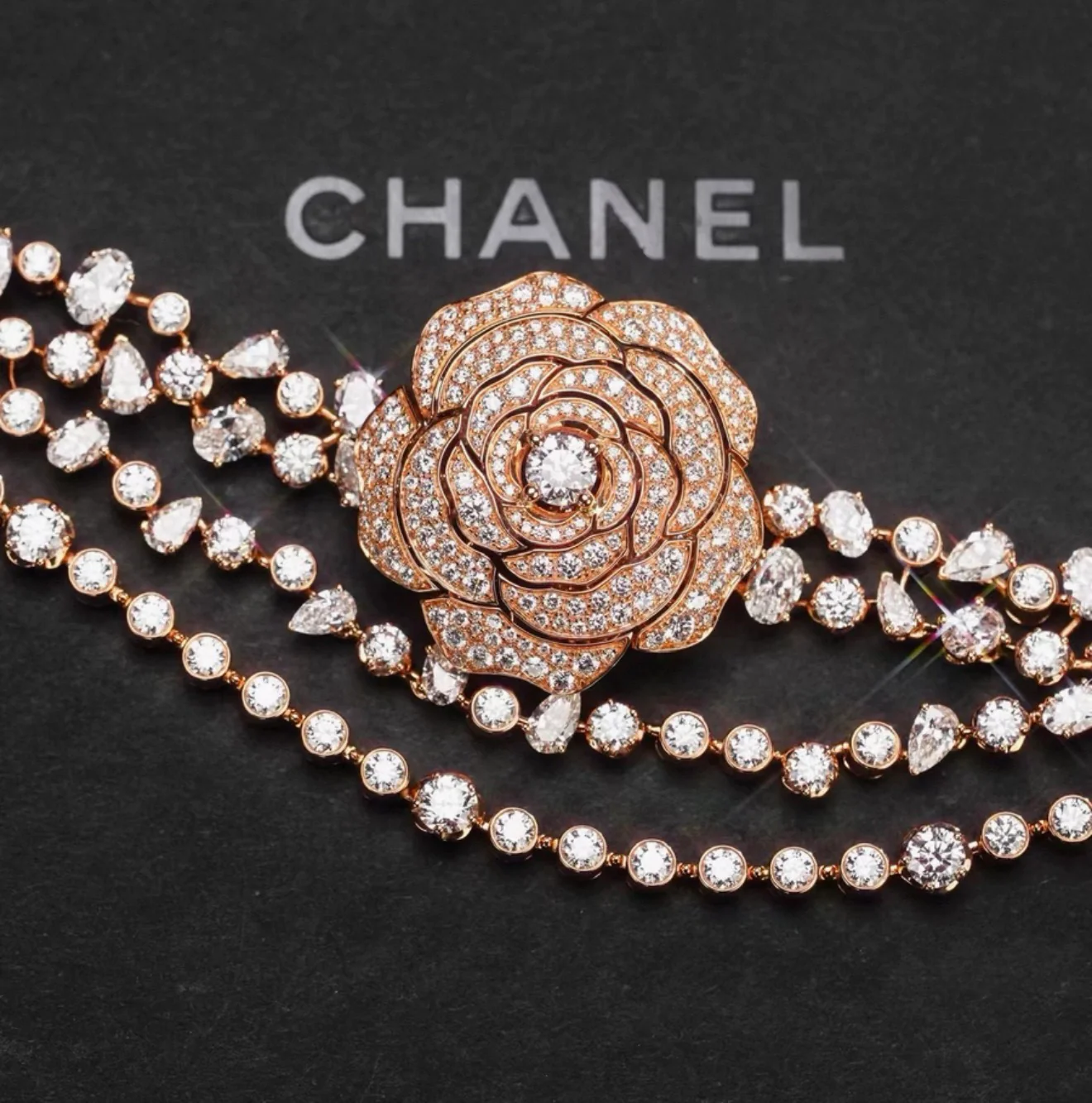 Chanel "Camélia Garden" high jewelry collection features a rose gold tassel chain with full diamonds, detachable camellia brooch, bracelet, and bangle. - Image 5