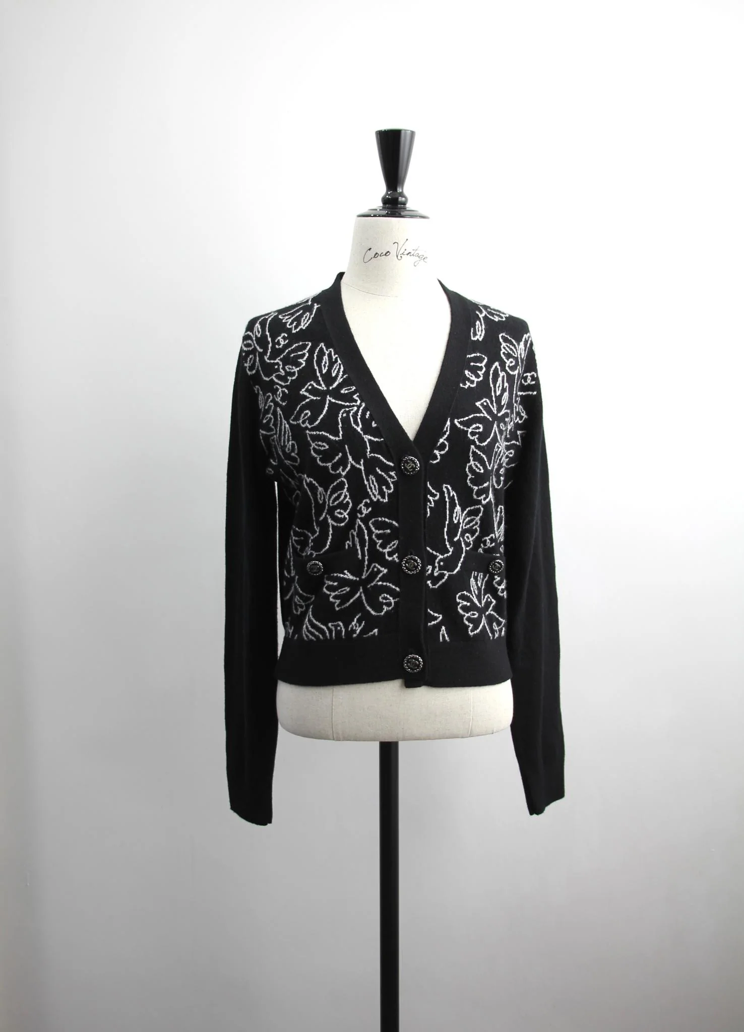 Chanel Cashmere 99 Black X White Floral Bird Coat