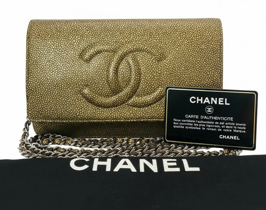 Chanel Caviar Bronze Metallic Double CC Wallet on Chain WOC - Image 2
