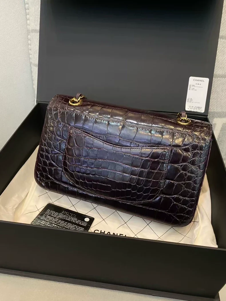 Chanel purplish-brown shiny crocodile leather with gold hardware CF medium size flap bag - Image 2