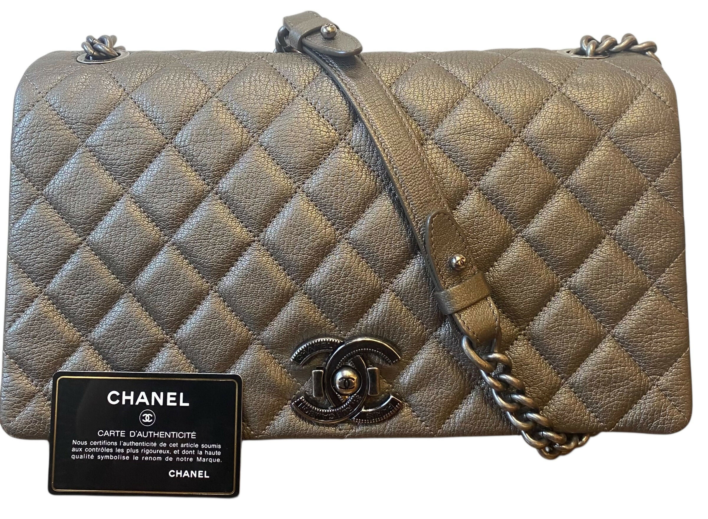 Chanel City Rock Large Dark Grey Metallic Quilted Goatskin Flap Bag - Image 2
