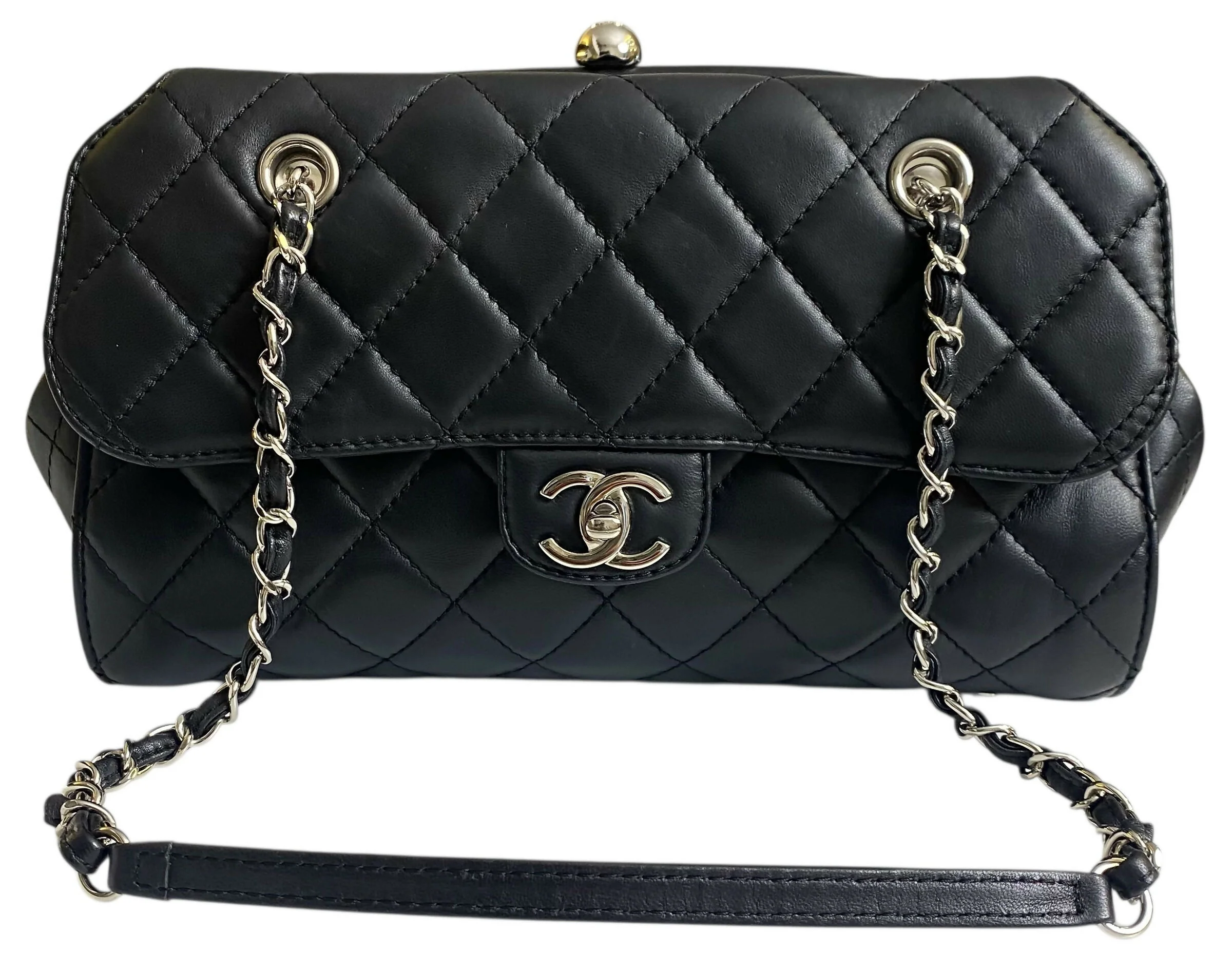 Chanel Classic Black CC Kisslock Lambskin Frame Compartment Bag - Image 6