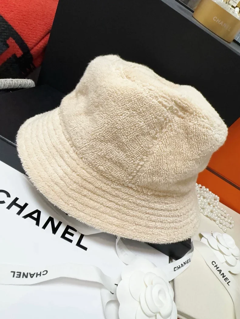 Chanel classic khaki hat with navy blue terry cloth lining - Image 3
