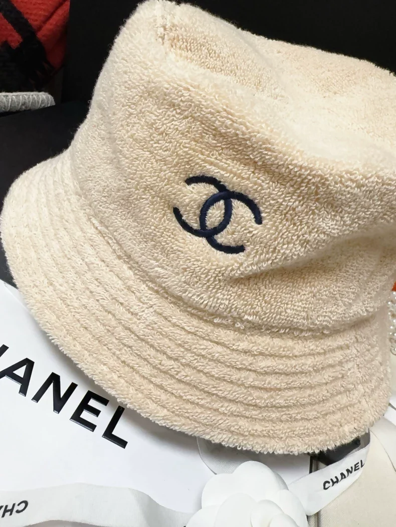 Chanel classic khaki hat with navy blue terry cloth lining - Image 4