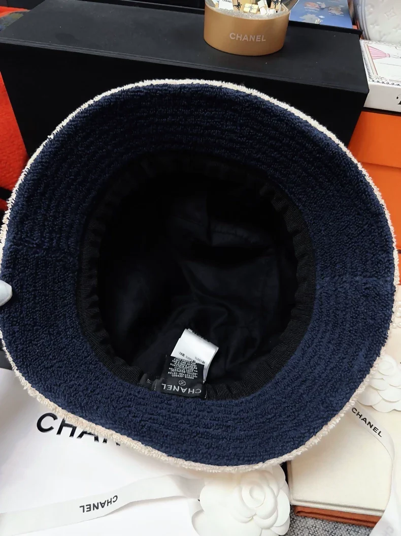 Chanel classic khaki hat with navy blue terry cloth lining - Image 6