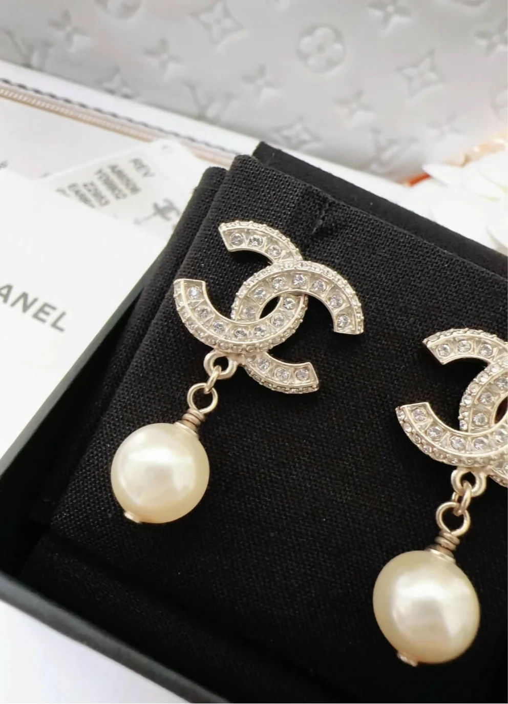 Chanel classic light gold diamond double C pearl earrings - Image 2