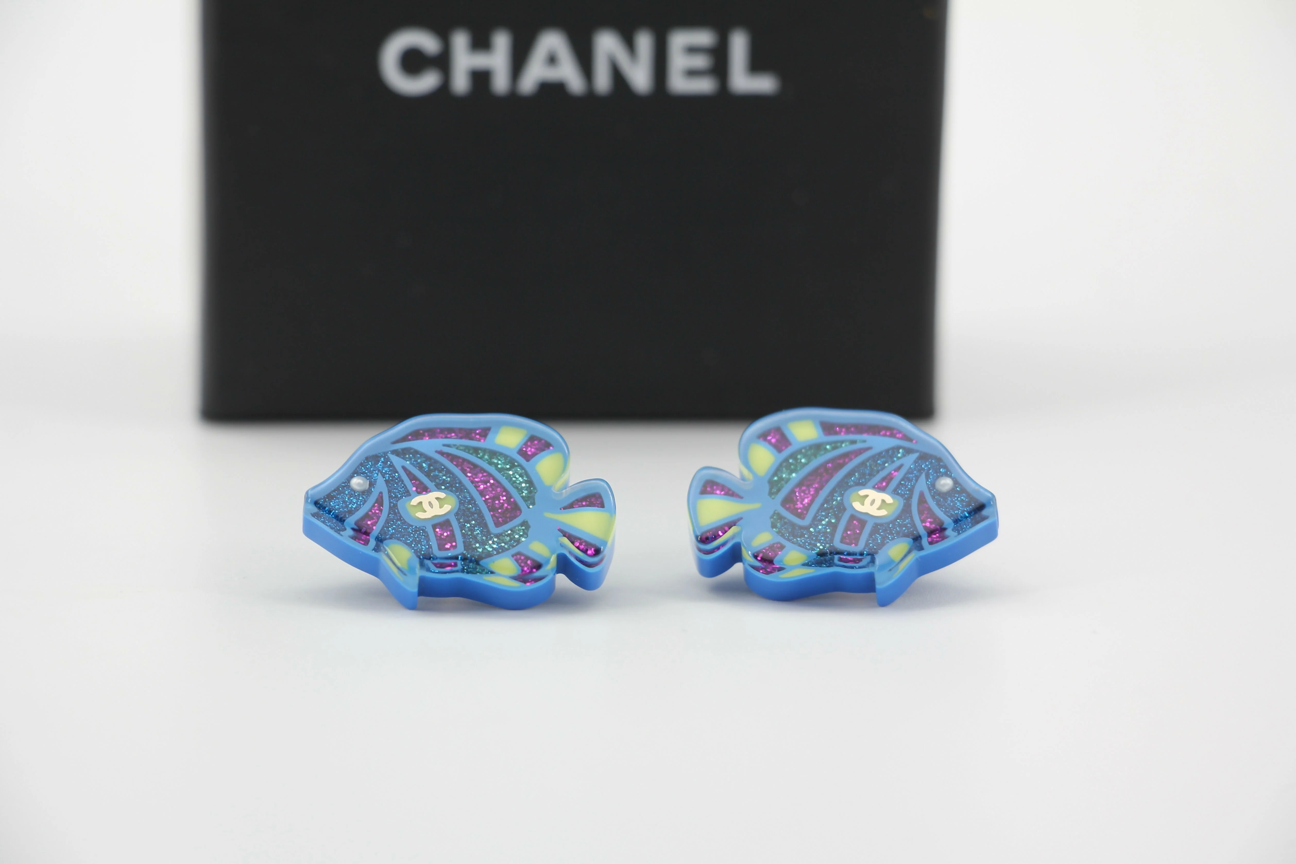 Chanel D19S Resin Blue Tropical Fish Stud Earrings