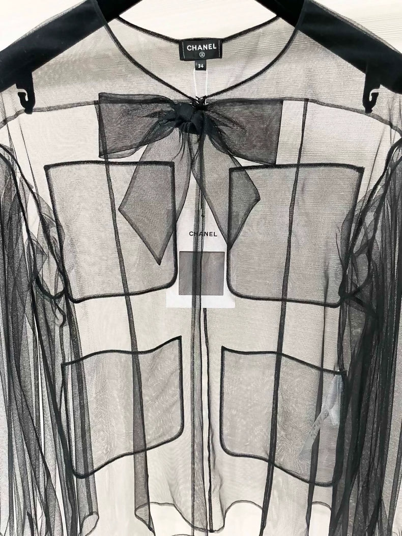 Chanel 25K black tulle blouse with bow - Image 2