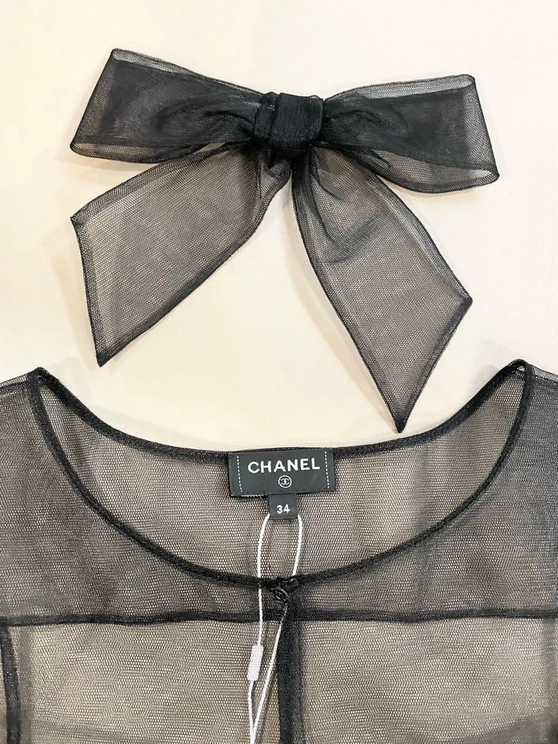 Chanel 25K black tulle blouse with bow - Image 3