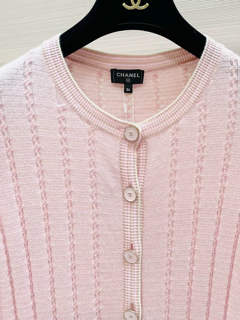 Chanel 25B Pink Cashmere Knit Cardigan with Feather Cuffs - Image 2
