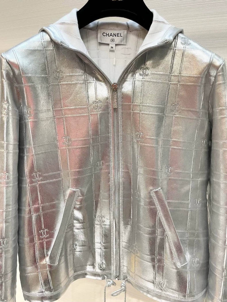 Chanel F36, 25C silver tech-inspired hooded zip-up jacket - Image 3